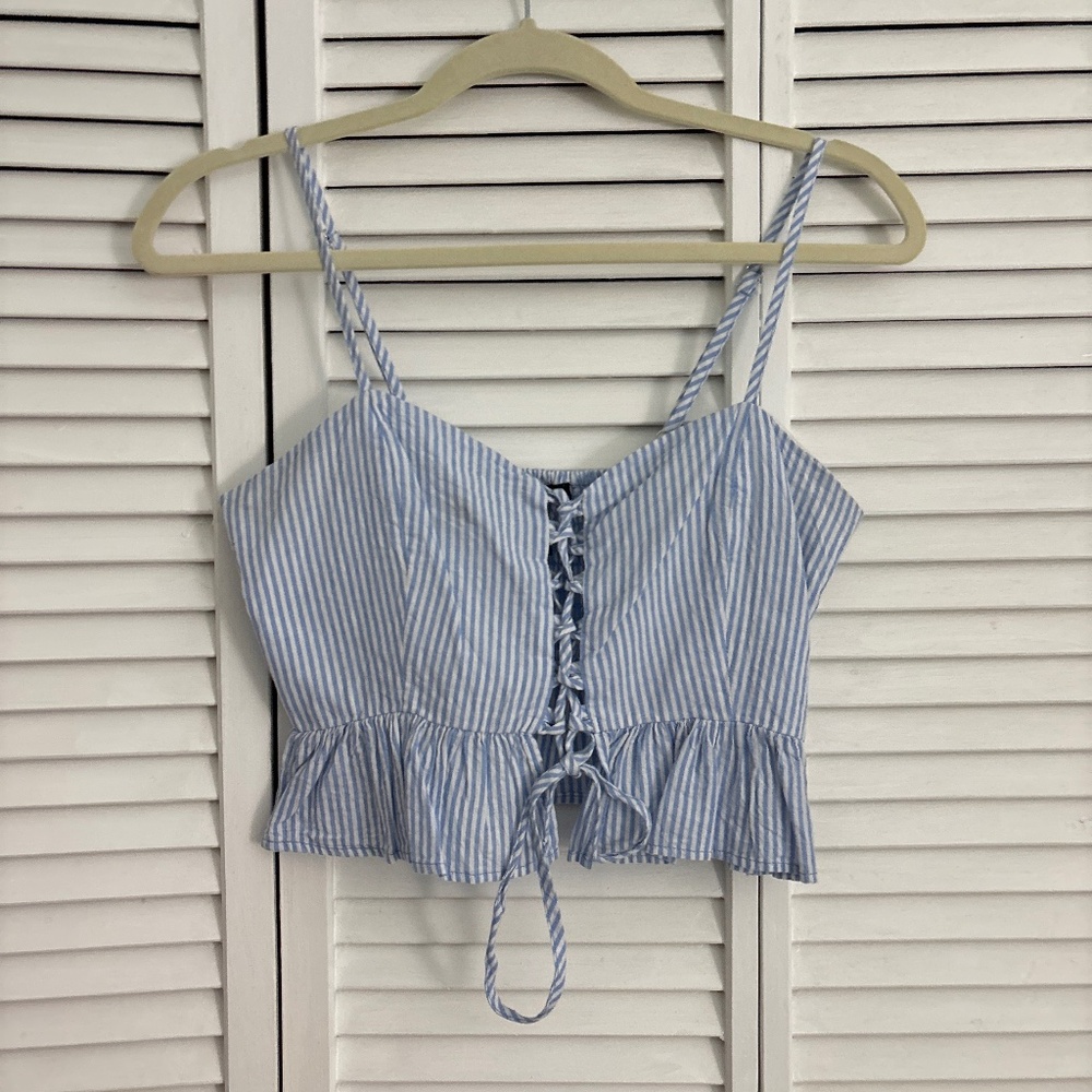 Blue and white striped tie up crop top